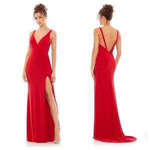 Mac Duggal Red Plunge Neck High Slit Gown 6 NWT